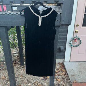 Elegant Black Velvet Vintage Sheath Dress with Embellished Neckline